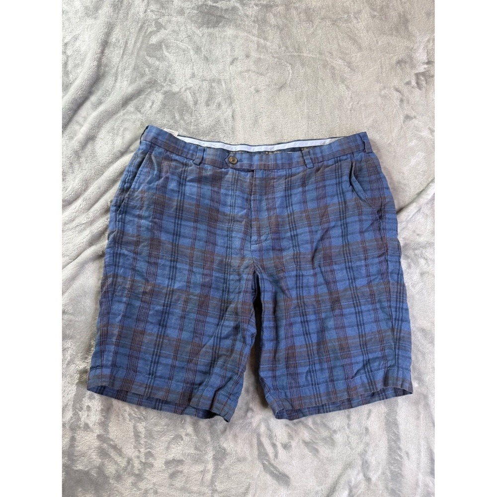 Brooks Brothers Mens Bermuda Shorts 40 Baird McNutt Irish Blue Plaid LINEN